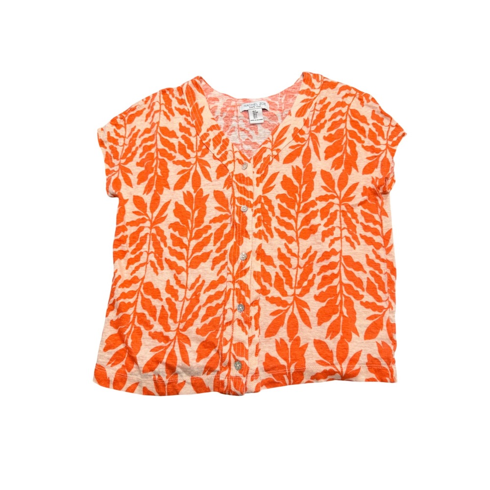 Rachel Zoe Button‎ Up Linen Top Women Small Leaf Print Boho Tropical Summer